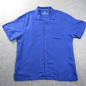 Tommy Bahama  Shirt Mens XL Royal Blue Tonal Jacquard Tropical Leaf Silk Camp